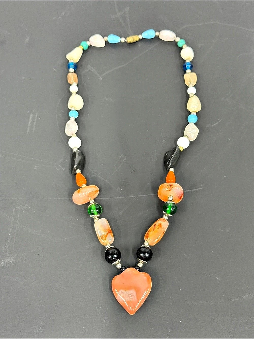 Vintage Mixed Gemstone & Glass Beaded Necklace Orange Heart Pendant 18” 56g